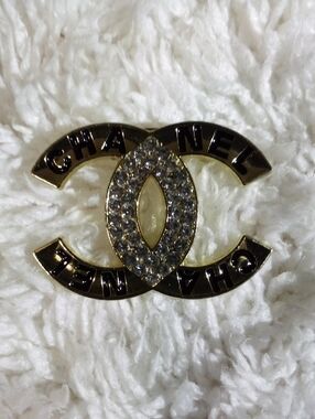 Gold-Tone Black Enamel & Clear Crystal CC Brooch